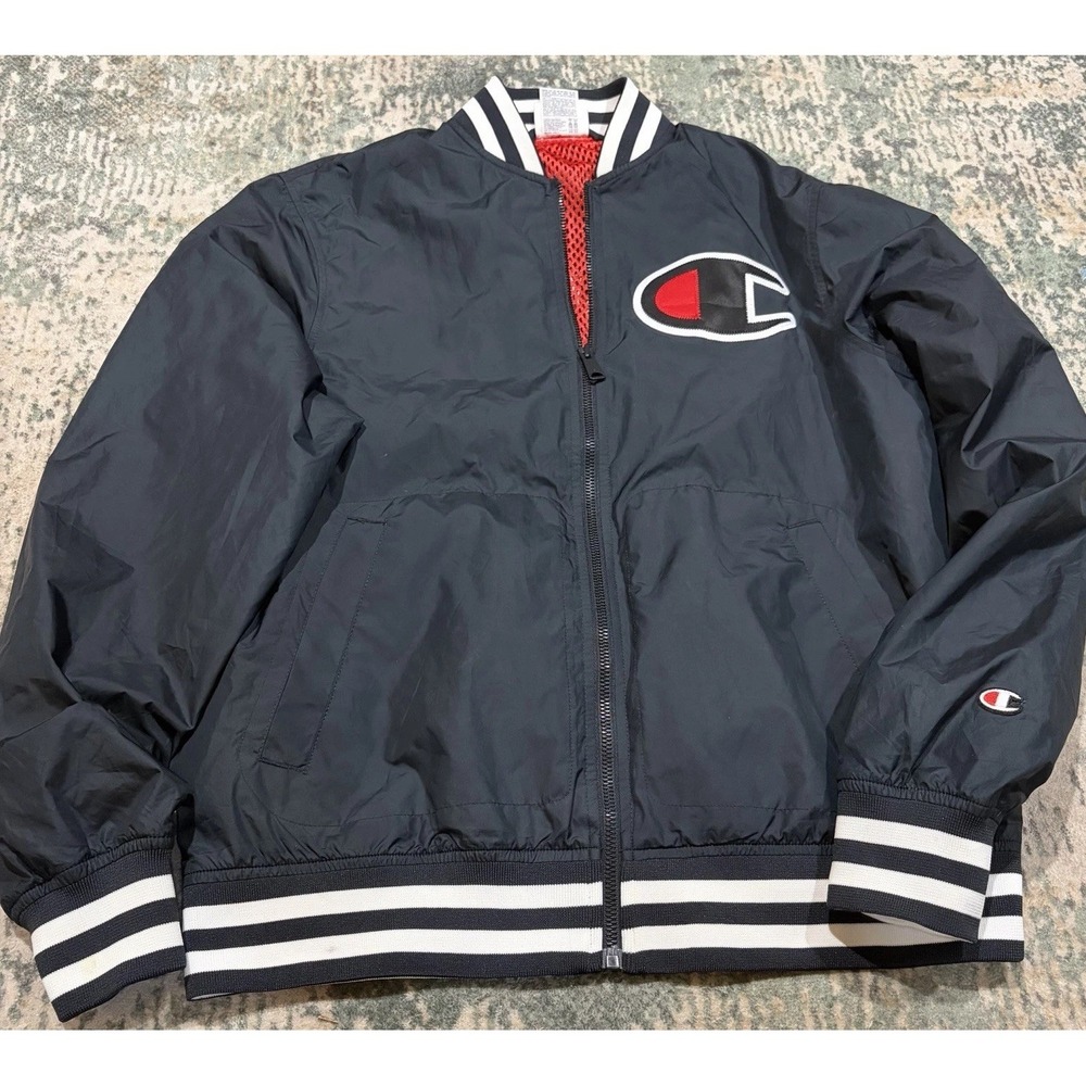 Champion Varsity Bomber Jacket Mens Medium Black Spellout Big C Logo Full Zip